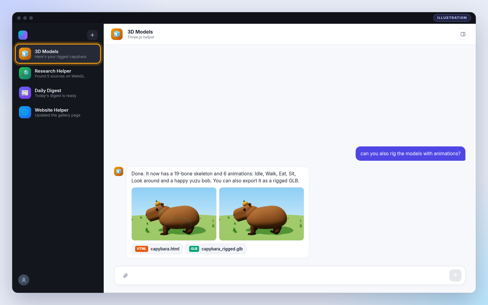 Grok Bot sidebar showing multiple bots, each with its own chat and job