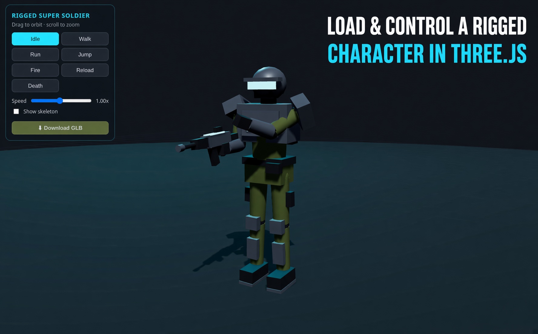 Rigged super soldier 3D model with WASD keyboard controller in Three.js