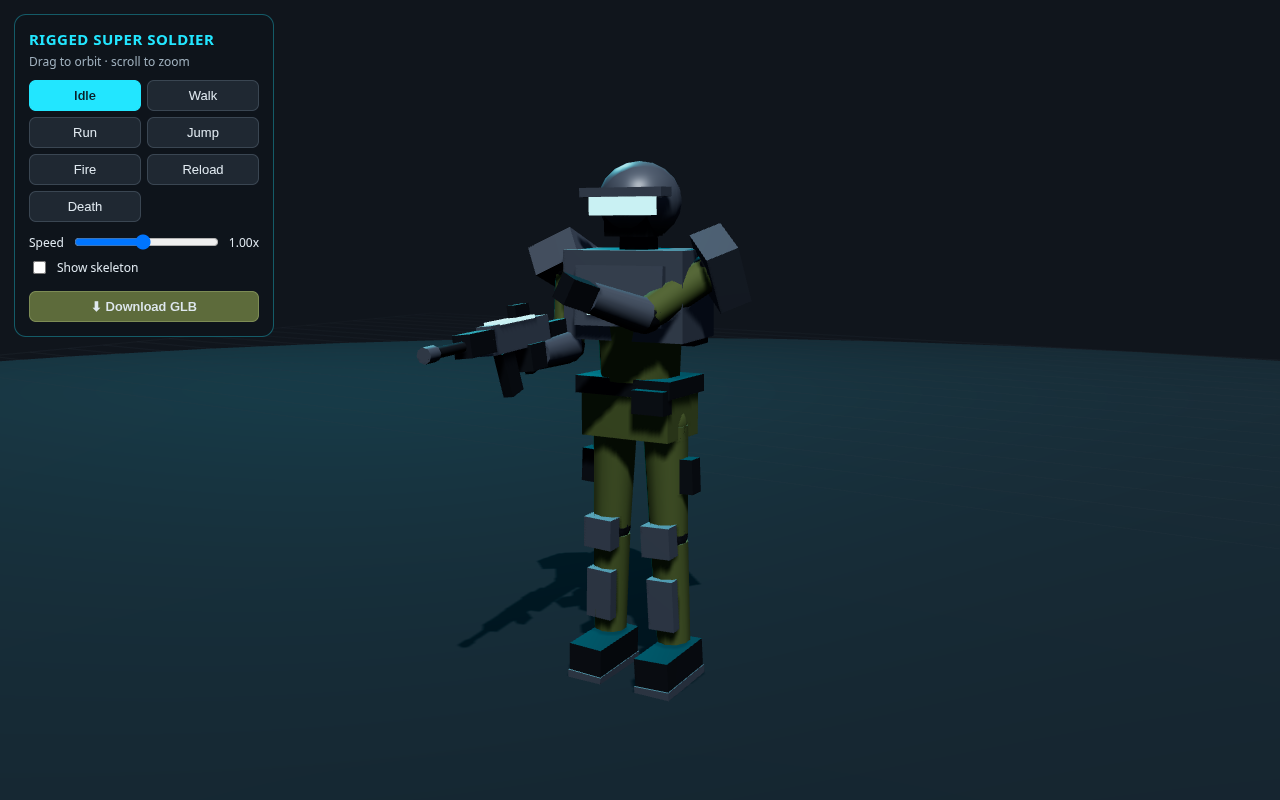 Rigged, animated 3D super soldier built in Three.js holding a rifle